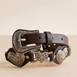 Brown Leather Belt with Silver Heart Accents